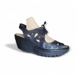 Fly London YEND 827 Leather Wedge Sandals Black 9.5